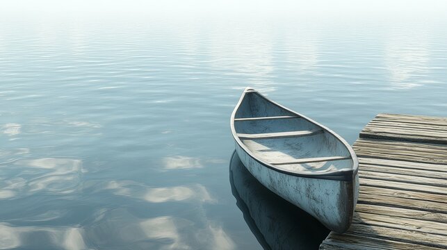 A single canoe tied to a wooden dock with soft ripples on the water. background