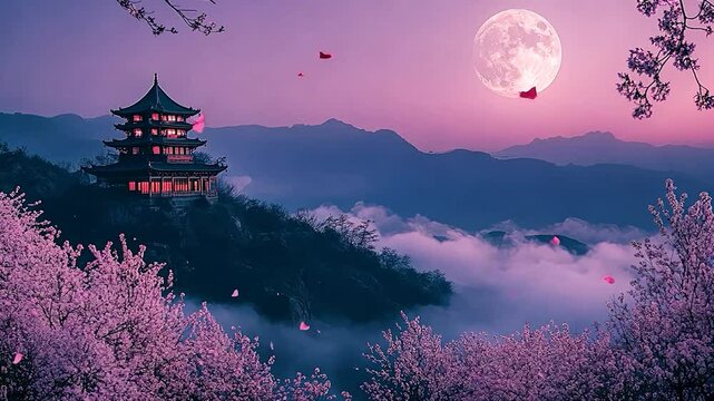 Beautiful scenery of asian temple with sakura cherry blossom tree, lake, japan, korean, chinese of mountains Cartoon anime illustration style.