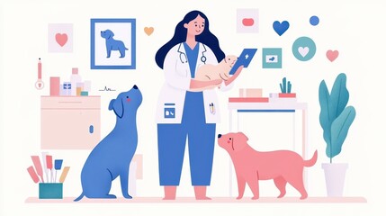 Veterinarian Checking Dog Health with Ultrasound in Clinic with Cute Pets