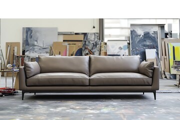 Modern leather sofa in art studio