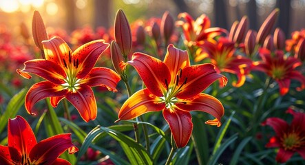 Obraz premium Fiery red and orange lilies glowing under warm spring sunlight