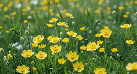 Obraz premium Golden buttercups scattered across lush green meadow in spring
