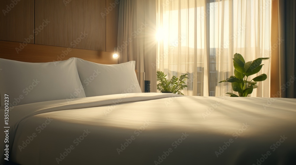 Poster sunlight gently streams through curtains, illuminating a crisp bed adorned with white pillows and lu