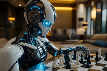 Fototapeta premium AI vs. Strategy: A Humanoid Robot Sitting at a Chessboard, Ready for a Game of Intelligence