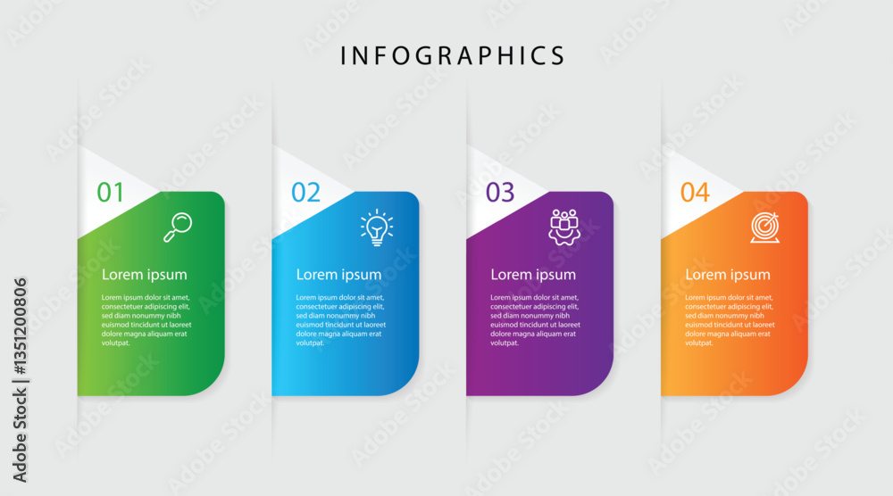 Aufkleber Design template infographic vector element. 4 step process infographic with icons and paper style. Vector timeline can be used for workflow, business presentation and web graphic design.