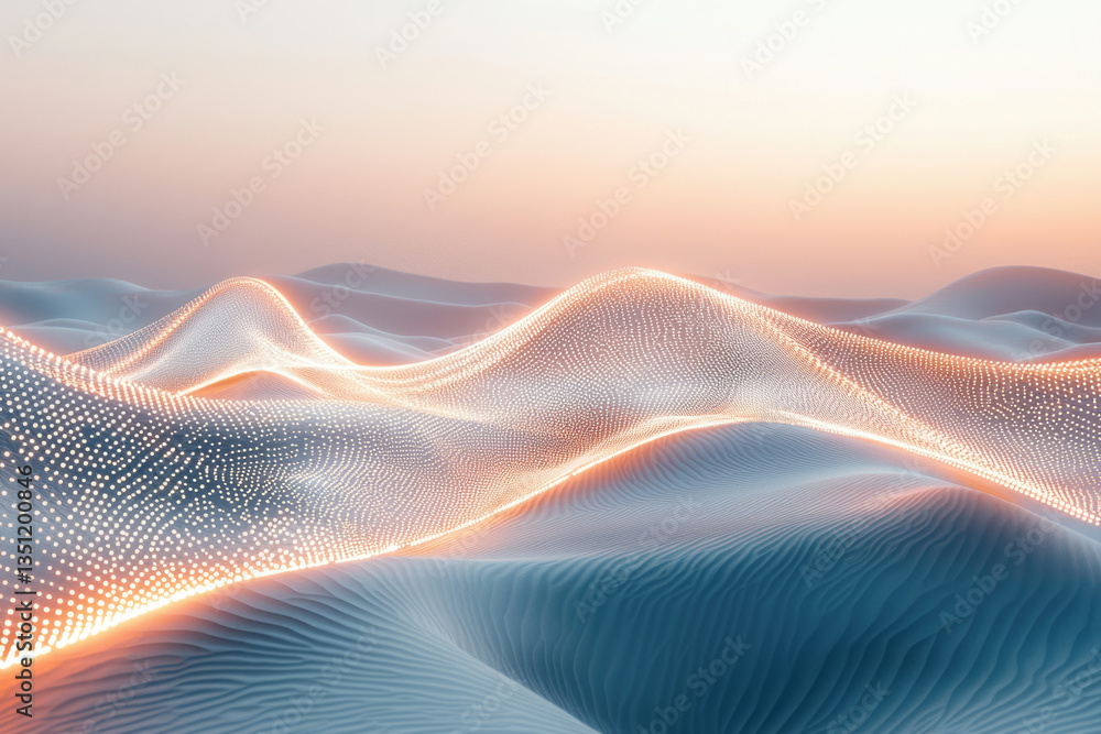 Poster glowing network flows across a serene, sandy landscape at sunset, creating a futuristic and ethereal