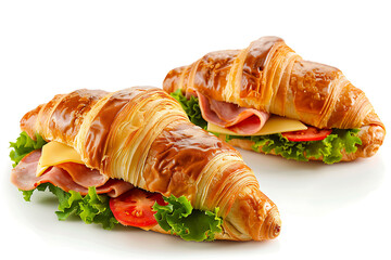 Two Croissants Filled with Ham, Cheese, Lettuce, and Tomato