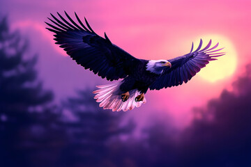 Fototapeta premium An eagle soars gracefully through an evening sky of color