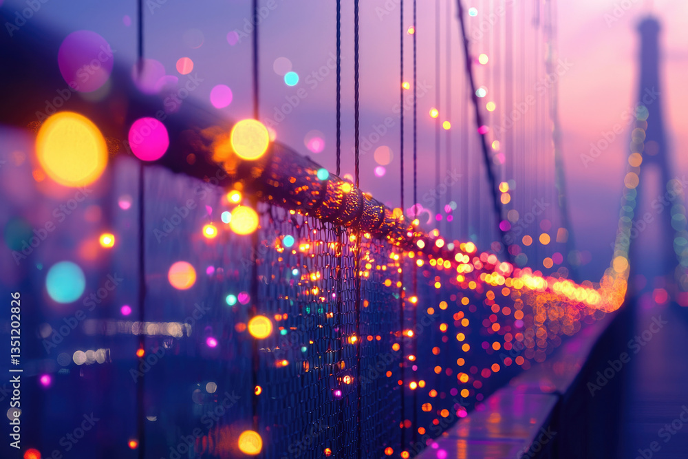 Poster colorful bokeh lights illuminate a bridge railing at twilight, creating a magical, romantic atmosphe