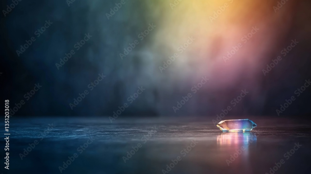 Poster colorful beams of light reflect off a faceted crystal, creating abstract patterns in the dark while 