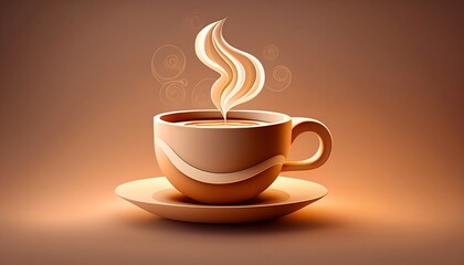 Obraz premium Сlose-up of a Steaming Coffee Cup Illustration, A Cup of Coffee Icon with Steam Rising from the Top, 3D Render Isolated on a Light Brown Pastel Background. Copy Space.
