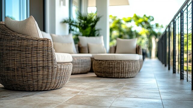 Modern wicker patio furniture on a sunlit balcony with beige cushions.