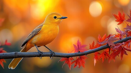 Obraz premium Golden bird on autumn branch