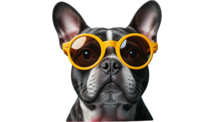 Close up of a boston terrier wearing yellow sunglasses against a black background image