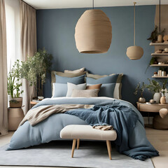 Styled bedroom with earthy tones, a textured blue headboard, and soft textiles for a cozy feel.