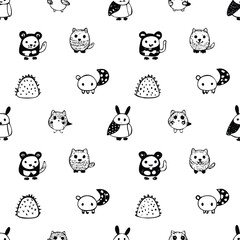 Seamless Black & White Pattern featuring Drawn Animals; Bear, Bird, Cat, Owl, Hare, etc