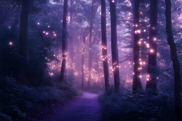 A mystical forest path illuminated with ethereal glowing lights