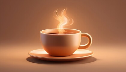 Obraz premium Сlose-up of a Steaming Coffee Cup Illustration, A Cup of Coffee Icon with Steam Rising from the Top, 3D Render Isolated on a Light Brown Pastel Background. Copy Space.