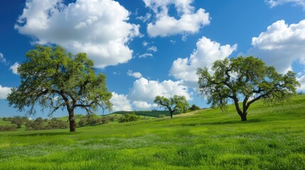 Fototapeta premium Peaceful Countryside with Lush Green Fields and Oak Trees