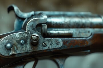 Close-up of an antique, weathered metal firearm in detailed focus.