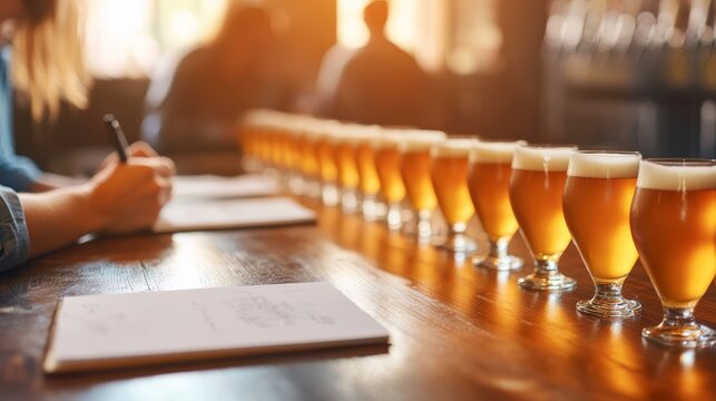 A lone craft beer enthusiast diligently takes notes at a seminar, seated at a polished wooden table with tasting glasses arranged in warm light