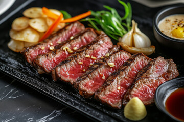 Japanese wagyu beef teppanyaki, featuring marbled steak slices searing on a hot iron plate with garlic chips,