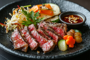 Japanese wagyu beef teppanyaki, featuring marbled steak slices searing on a hot iron plate with garlic chips,