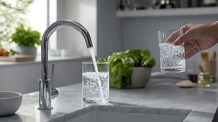Modern Kitchen Faucet Pouring Sparkling Water into Glasses