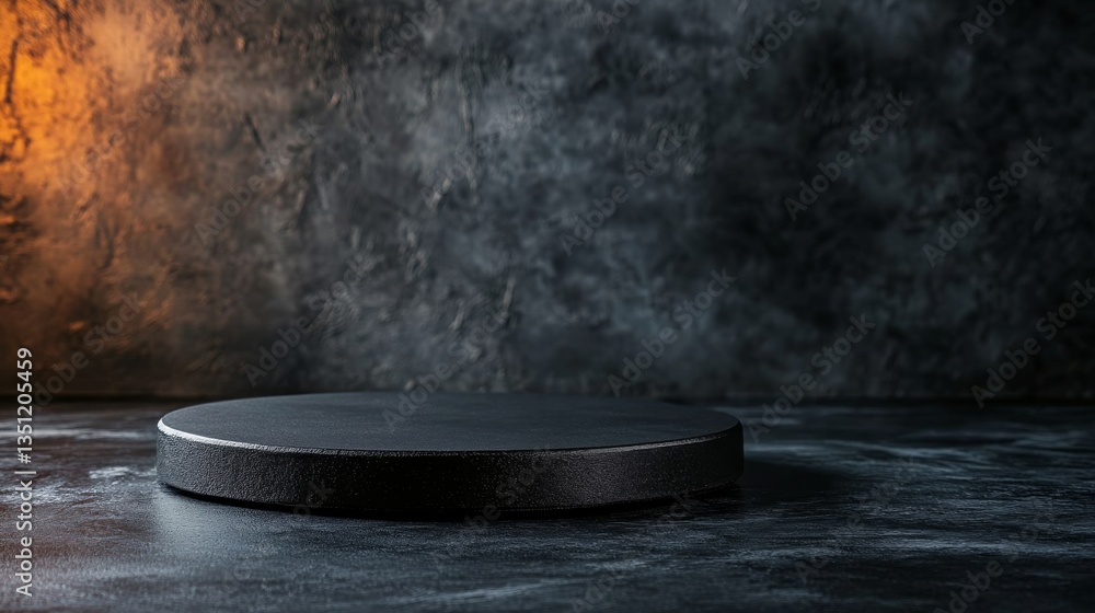 Leinwandbilder a round black pedestal with a matte finish rests on a textured gray surface, illuminated dramaticall