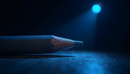 A close-up shot of a blue pencil under a blue spotlight in a dark environment