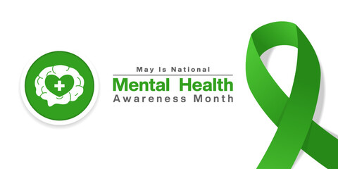 May Is National Mental Health Awareness Month. Brain, heart, plus icon and ribbon. Great for posters, banners, social media and more. White background. 