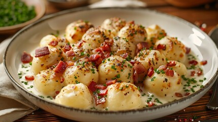 Slovak haluky potato dumplings sheep cheese and bacon creamy texture presented cleanly on white dish