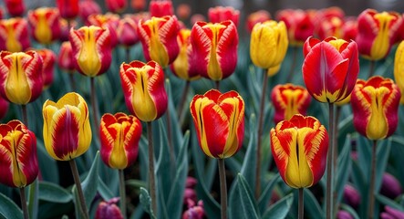 Fototapeta premium Unique parrot tulips with fiery red and yellow streaks in bloom