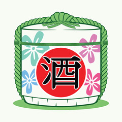 Japanese liqueur in tradition barrel or bucket with Japanese text in red circle meaning sake - Japanese liqueur drawing in colorful cartoon vector