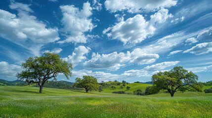 Expansive Meadow with Lush Greenery and a Blue Sky