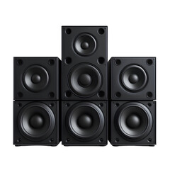 Fototapeta premium 5 large speakers in the shape of square black boxes with rounded corners, front view, template background PNG