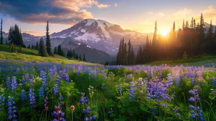 Sunrise Over A Lush Meadow With A Majestic Mountain In The Background