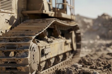Fototapeta premium Close-up of a bulldozer track at a construction site.