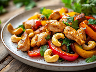 stir-fried chicken saut&eacute;ed with golden cashew nuts, red and green bell peppers, and onions, accompanied by a mound of jasmine rice, 
