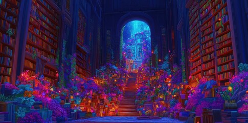 Obraz premium A magical library filled with books and vibrant colorful plants