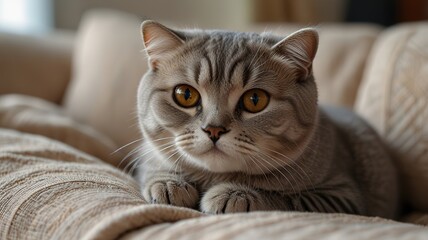 Cute scottish fold cat with beautiful eyes lying on textile sofa at home.