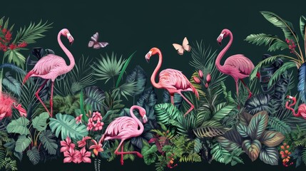 Naklejka premium Pink Flamingos Amidst Lush Tropical Foliage