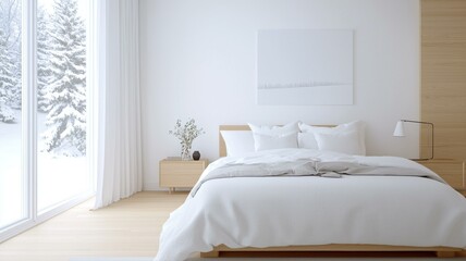 Minimalist bedroom interior with white bedding, wooden accents, and large windows overlooking snowy landscape.