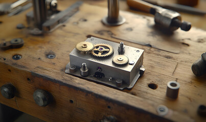 Close-up of intricate clock gears on a weathered workbench, showcasing craftsmanship and precision.  A detailed image perfect for illustrating the artistry of horology.