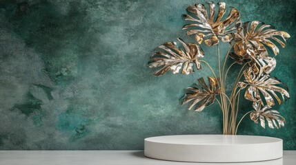 Elegant gold leaf plants on teal backdrop, pedestal display, product showcase