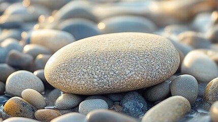 Close-up of a smooth, light beige pebble resting on a bed of various-sized, multicolored stones.