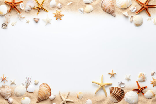 Sand and sea shells make a frame border on transparent background