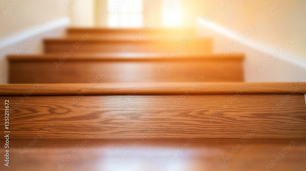 Poster a wooden staircase ascends to a white door, with soft natural light streaming in through the window 