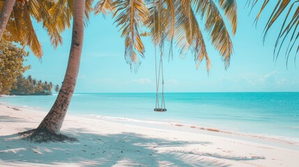Tropical Paradise: A Palm-Framed Swing Over Crystal Clear Water