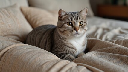 Cute scottish fold cat with beautiful eyes lying on textile sofa at home.